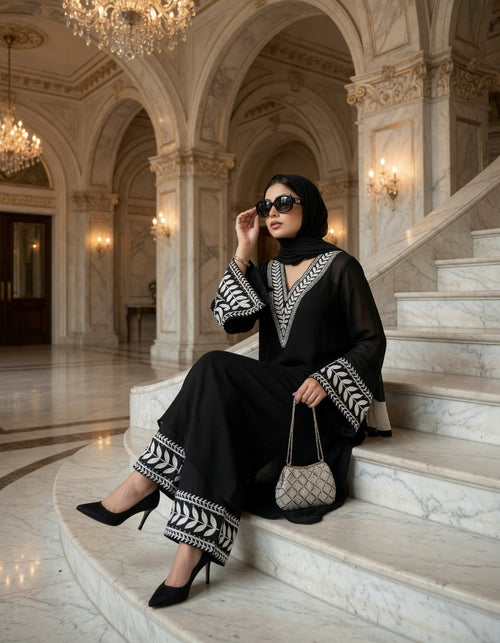 Chikankari Georgette Kurti Set – Black Elegance with White Hand Embroidery (44–45”)